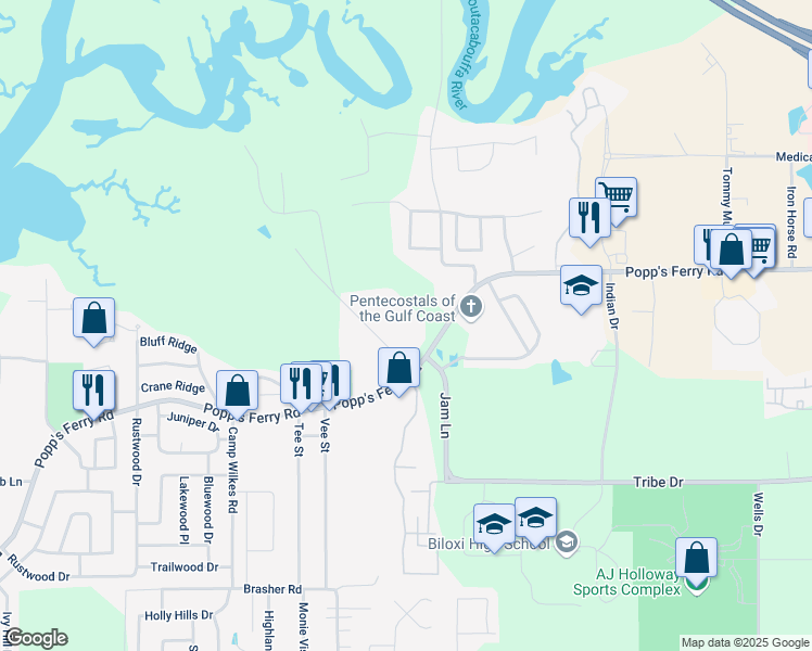 map of restaurants, bars, coffee shops, grocery stores, and more near 1932 Popps Ferry Road in Biloxi