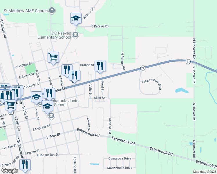 map of restaurants, bars, coffee shops, grocery stores, and more near Whispering Pines Trailer Park in Ponchatoula