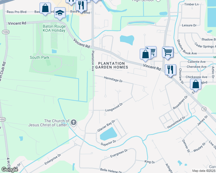 map of restaurants, bars, coffee shops, grocery stores, and more near 25704 Colonial Place in Denham Springs