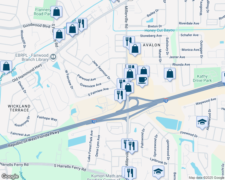 map of restaurants, bars, coffee shops, grocery stores, and more near 13770 South Fairview Avenue in Baton Rouge