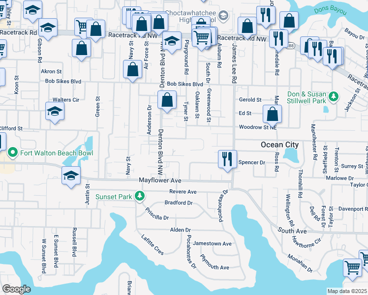 map of restaurants, bars, coffee shops, grocery stores, and more near 112 Pentecost Way in Fort Walton Beach