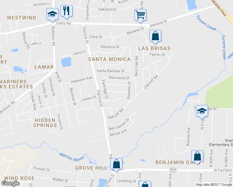 map of restaurants, bars, coffee shops, grocery stores, and more near 7155 Princess Lane in Pensacola