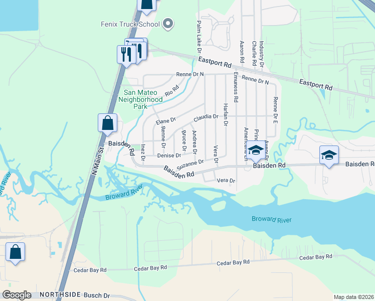 map of restaurants, bars, coffee shops, grocery stores, and more near 11256 Bruce Drive in Jacksonville