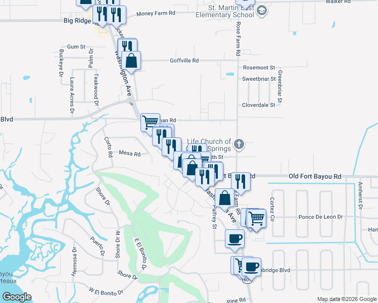 map of restaurants, bars, coffee shops, grocery stores, and more near 6813 Josie Street in Ocean Springs
