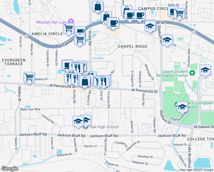 map of restaurants, bars, coffee shops, grocery stores, and more near 1924 West Pensacola Street in Tallahassee