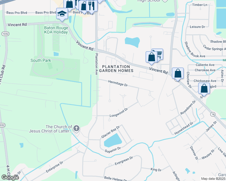 map of restaurants, bars, coffee shops, grocery stores, and more near 25704 Colonial Place in Denham Springs