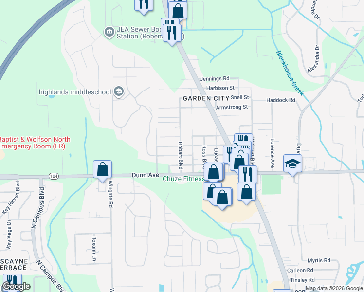 map of restaurants, bars, coffee shops, grocery stores, and more near 11414 Hobart Boulevard in Jacksonville