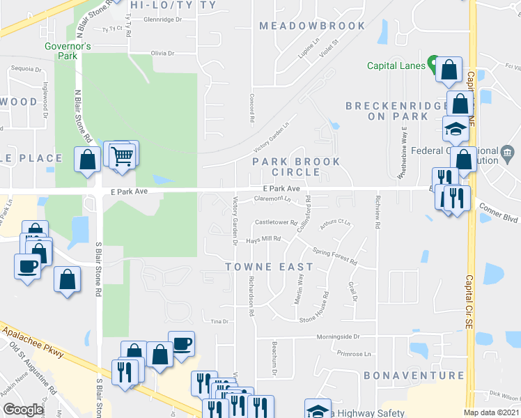 map of restaurants, bars, coffee shops, grocery stores, and more near 2179 Claremont Lane in Tallahassee