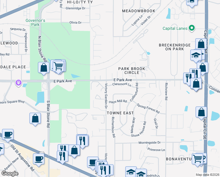 map of restaurants, bars, coffee shops, grocery stores, and more near 2179 Claremont Lane in Tallahassee