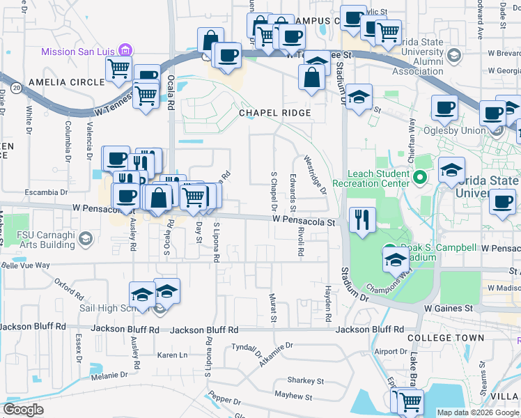 map of restaurants, bars, coffee shops, grocery stores, and more near 1828 West Pensacola Street in Tallahassee