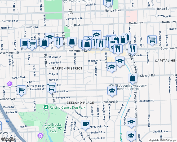 map of restaurants, bars, coffee shops, grocery stores, and more near 2621 McGrath Avenue in Baton Rouge