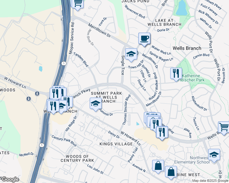 map of restaurants, bars, coffee shops, grocery stores, and more near 2801 Wells Branch Parkway in Austin
