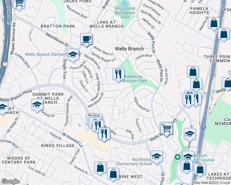 map of restaurants, bars, coffee shops, grocery stores, and more near 2105 Taylor Simonetti Avenue in Austin