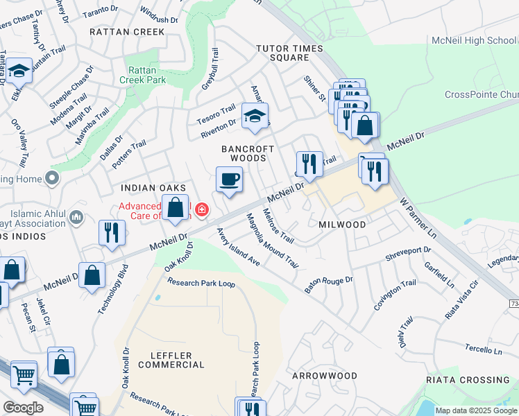 map of restaurants, bars, coffee shops, grocery stores, and more near 6511 Melrose Trail in Austin