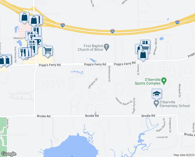 map of restaurants, bars, coffee shops, grocery stores, and more near 870 Ellington Drive in Biloxi