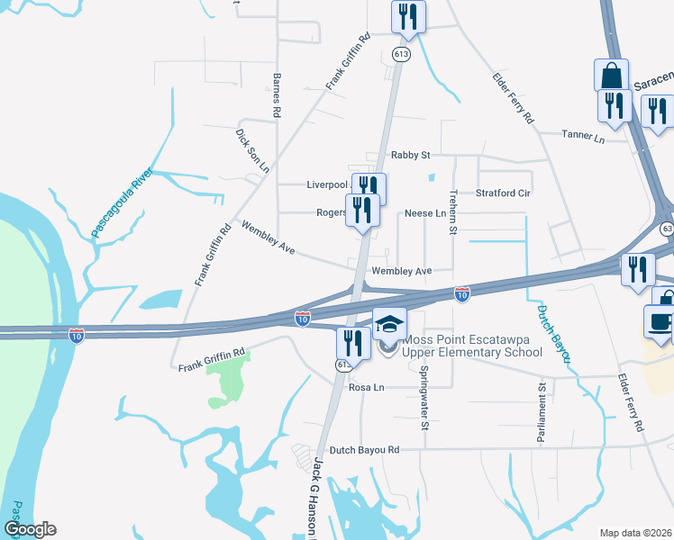 map of restaurants, bars, coffee shops, grocery stores, and more near 3920 Wembley Avenue in Moss Point