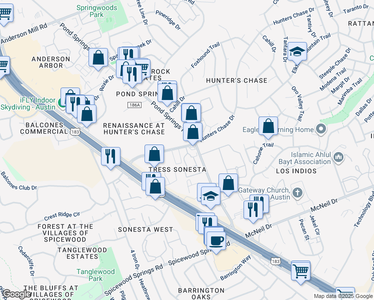 map of restaurants, bars, coffee shops, grocery stores, and more near 12215 1/2 Hunters Chase Drive in Austin