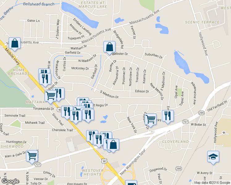 map of restaurants, bars, coffee shops, grocery stores, and more near 421 Edison Drive in Pensacola