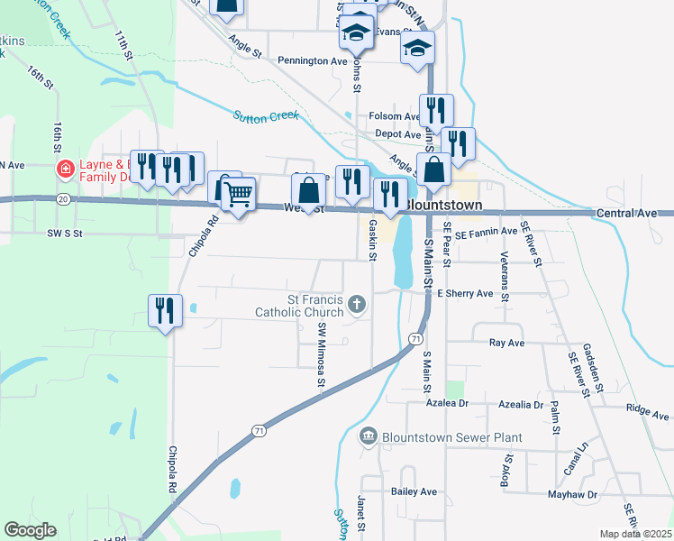 map of restaurants, bars, coffee shops, grocery stores, and more near 16698 Southwest Mimosa Street in Blountstown