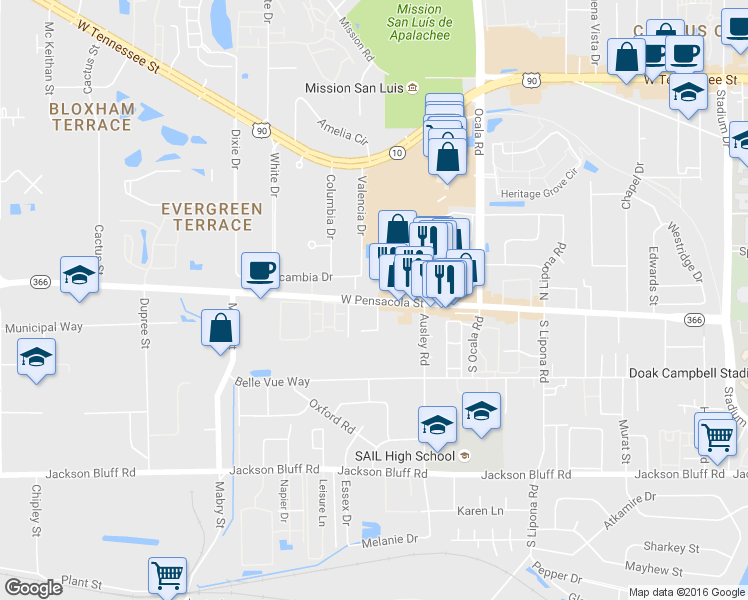 map of restaurants, bars, coffee shops, grocery stores, and more near 2102 West Pensacola Street in Tallahassee
