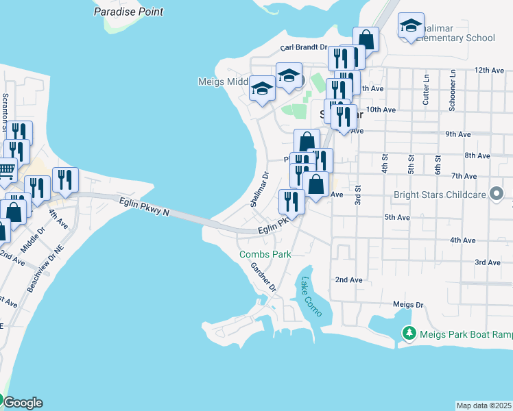 map of restaurants, bars, coffee shops, grocery stores, and more near 16 Shalimar Drive in Shalimar