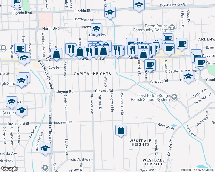 map of restaurants, bars, coffee shops, grocery stores, and more near 845A Wiltz Drive in Baton Rouge