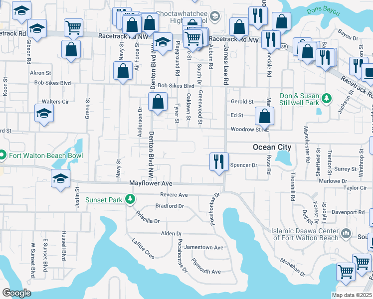 map of restaurants, bars, coffee shops, grocery stores, and more near 129 Newcastle Circle in Fort Walton Beach