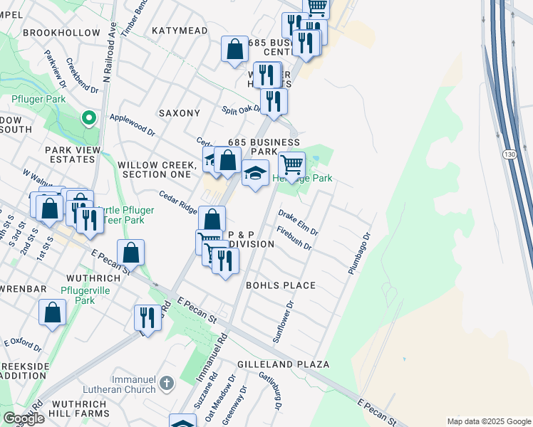 map of restaurants, bars, coffee shops, grocery stores, and more near Heritage Loop Trail in Pflugerville