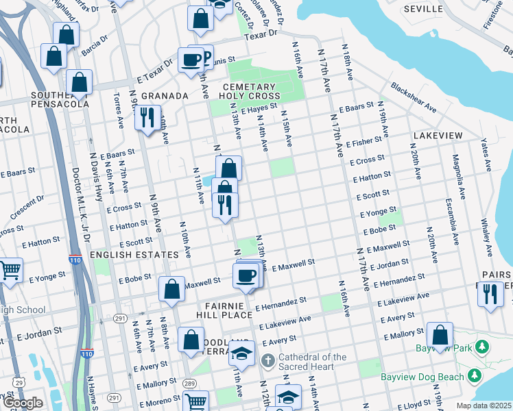 map of restaurants, bars, coffee shops, grocery stores, and more near 1301 East Hatton Street in Pensacola