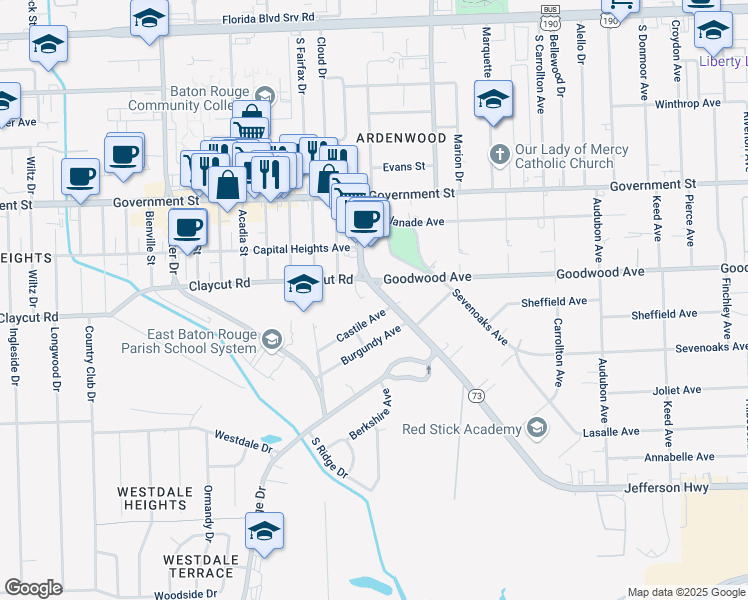 map of restaurants, bars, coffee shops, grocery stores, and more near 4800 Jefferson Highway in Baton Rouge