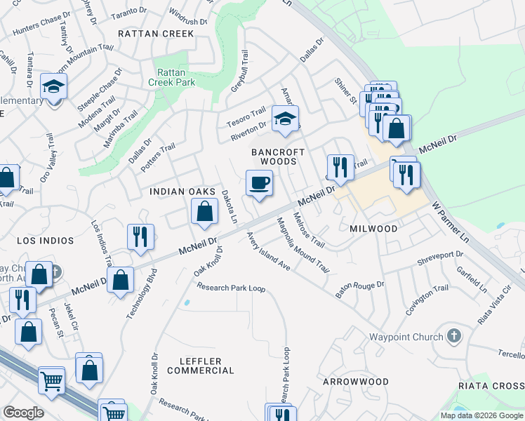 map of restaurants, bars, coffee shops, grocery stores, and more near 6402 McNeil Drive in Austin