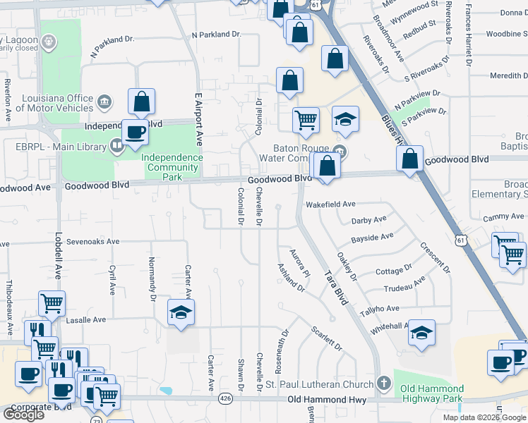 map of restaurants, bars, coffee shops, grocery stores, and more near 922 Ashland Drive in Baton Rouge