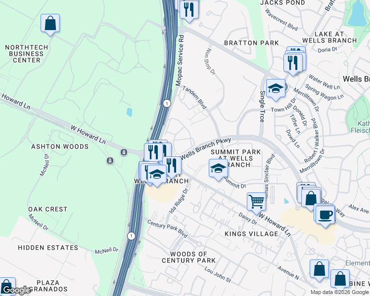 map of restaurants, bars, coffee shops, grocery stores, and more near 3300 Wells Branch Parkway in Austin