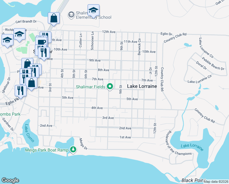 map of restaurants, bars, coffee shops, grocery stores, and more near 34 8th Street in Shalimar