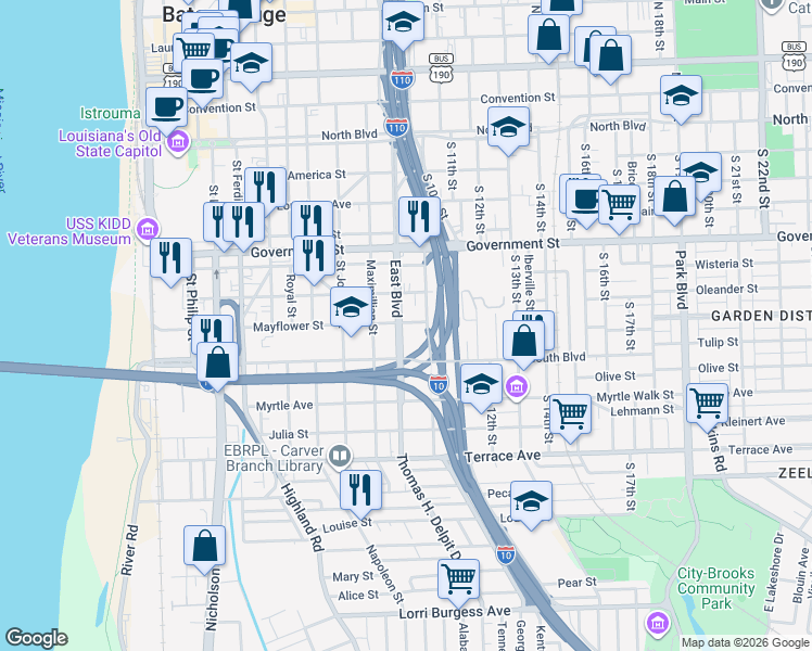 map of restaurants, bars, coffee shops, grocery stores, and more near 736 East Boulevard in Baton Rouge