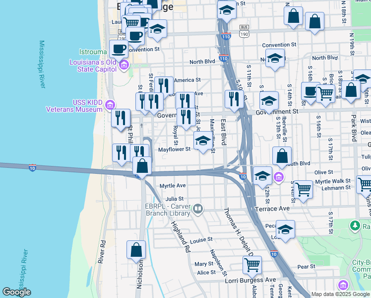 map of restaurants, bars, coffee shops, grocery stores, and more near Mayflower Street in Baton Rouge