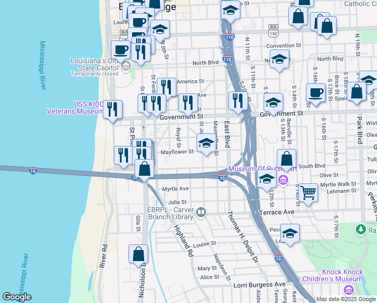 map of restaurants, bars, coffee shops, grocery stores, and more near Mayflower Street in Baton Rouge