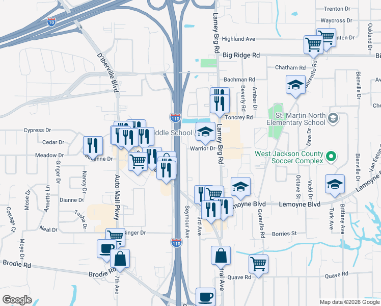 map of restaurants, bars, coffee shops, grocery stores, and more near 10484 Seymour Avenue in D'Iberville
