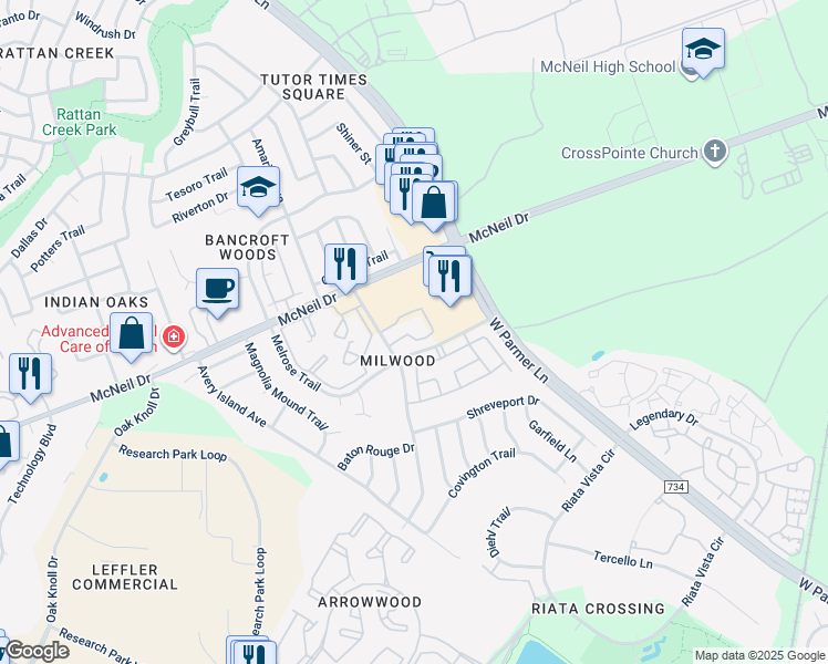 map of restaurants, bars, coffee shops, grocery stores, and more near 13005 Heinemann Drive in Austin