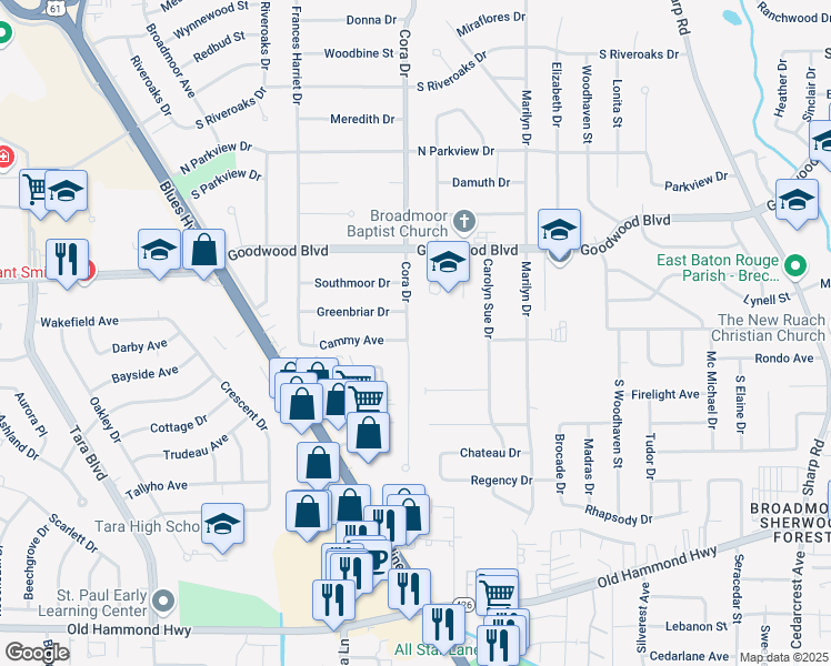 map of restaurants, bars, coffee shops, grocery stores, and more near 1371 Cora Drive in Baton Rouge