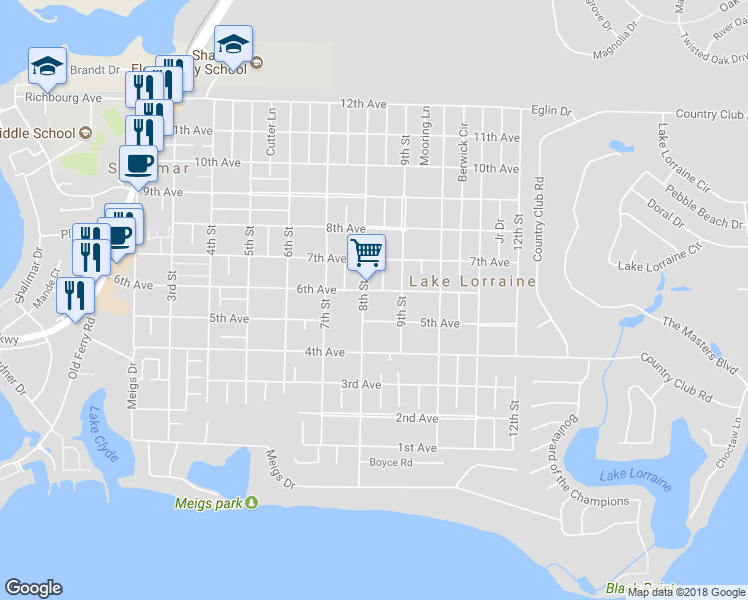 map of restaurants, bars, coffee shops, grocery stores, and more near 34 8th Street in Shalimar