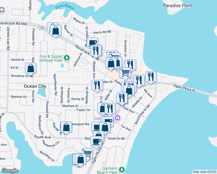 map of restaurants, bars, coffee shops, grocery stores, and more near 50 Stewart Circle in Fort Walton Beach