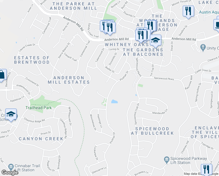 map of restaurants, bars, coffee shops, grocery stores, and more near 11106 Pickfair Drive in Austin