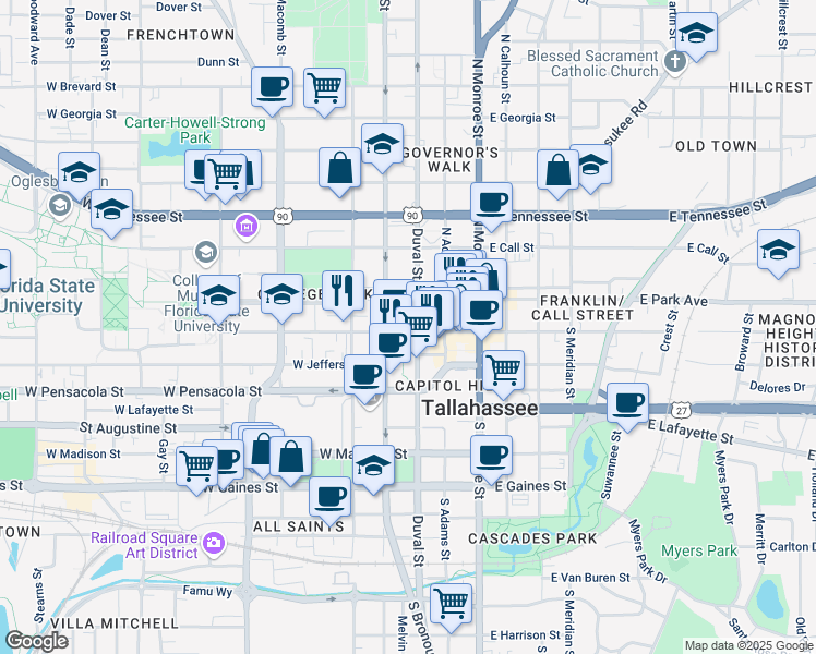map of restaurants, bars, coffee shops, grocery stores, and more near 200 West College Avenue in Tallahassee