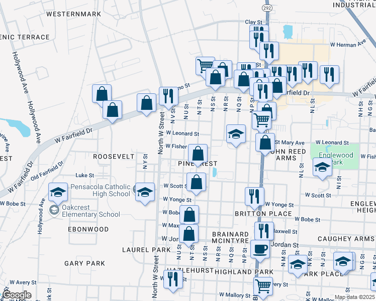 map of restaurants, bars, coffee shops, grocery stores, and more near 2603 West Fisher Street in Pensacola