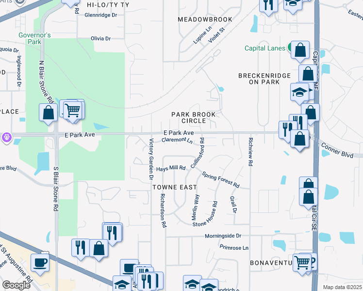 map of restaurants, bars, coffee shops, grocery stores, and more near 581 Chicopee Court in Tallahassee