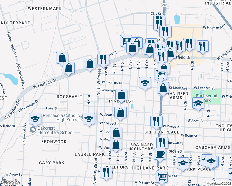 map of restaurants, bars, coffee shops, grocery stores, and more near 2603 West Fisher Street in Pensacola