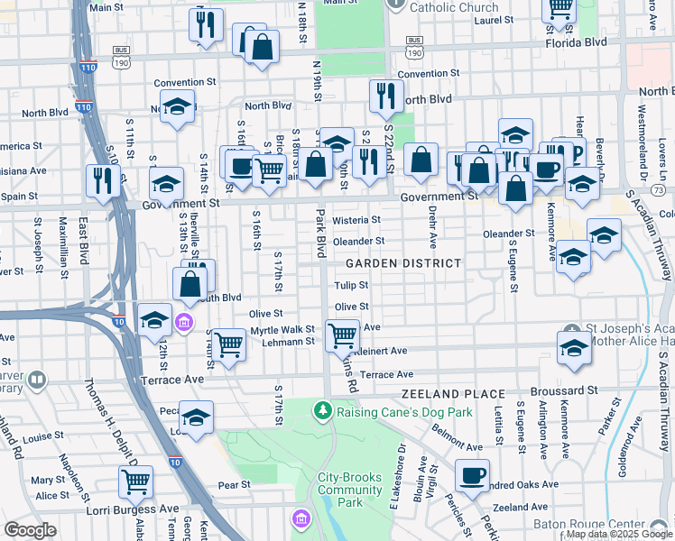 map of restaurants, bars, coffee shops, grocery stores, and more near 1912 Cherokee Street in Baton Rouge