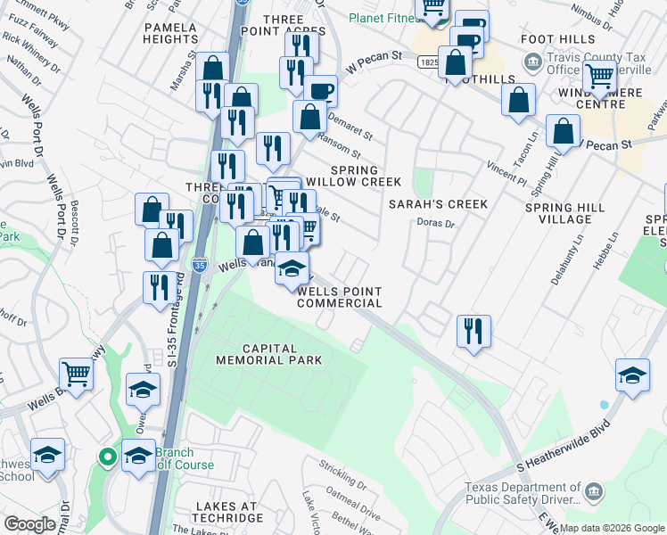 map of restaurants, bars, coffee shops, grocery stores, and more near 15004 Ryman Road in Pflugerville