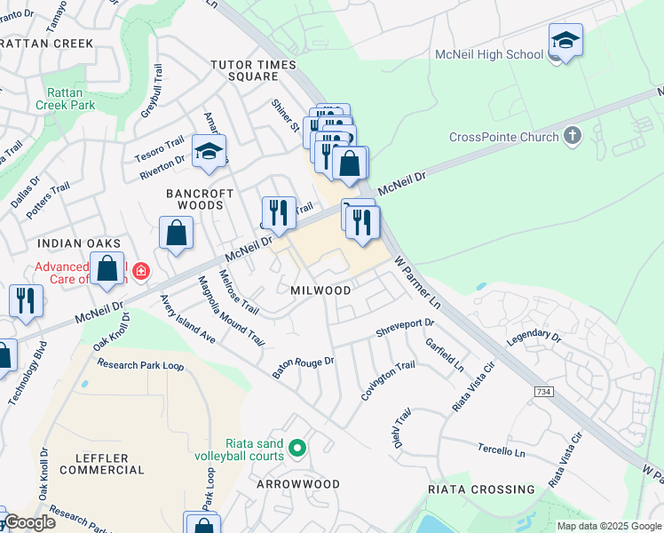 map of restaurants, bars, coffee shops, grocery stores, and more near 13005 Heinemann Drive in Austin